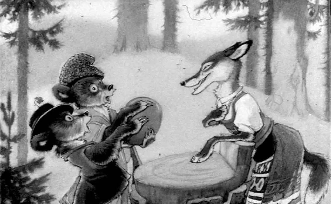O ilustrație în alb și negru care arată doi urși care par surprinși în timp ce interacționează cu o vulpe pe fundalul unui peisaj forestier.