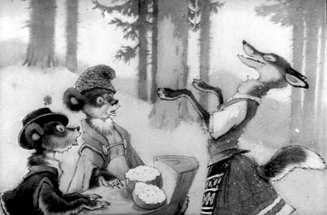 Ilustrație monochromă cu animale antropomorfe, incluzând o vulpe care vorbește și două animale de tip raton, într-o pădure.