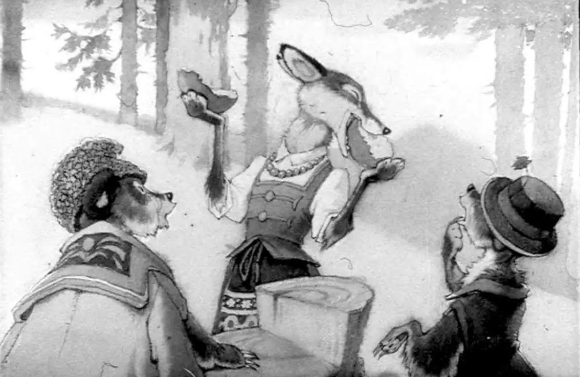 Ilustrație în alb și negru cu trei animale: un urs, o vulpe și un alt animal, într-o pădure, fiecare având o expresie distinctă.
