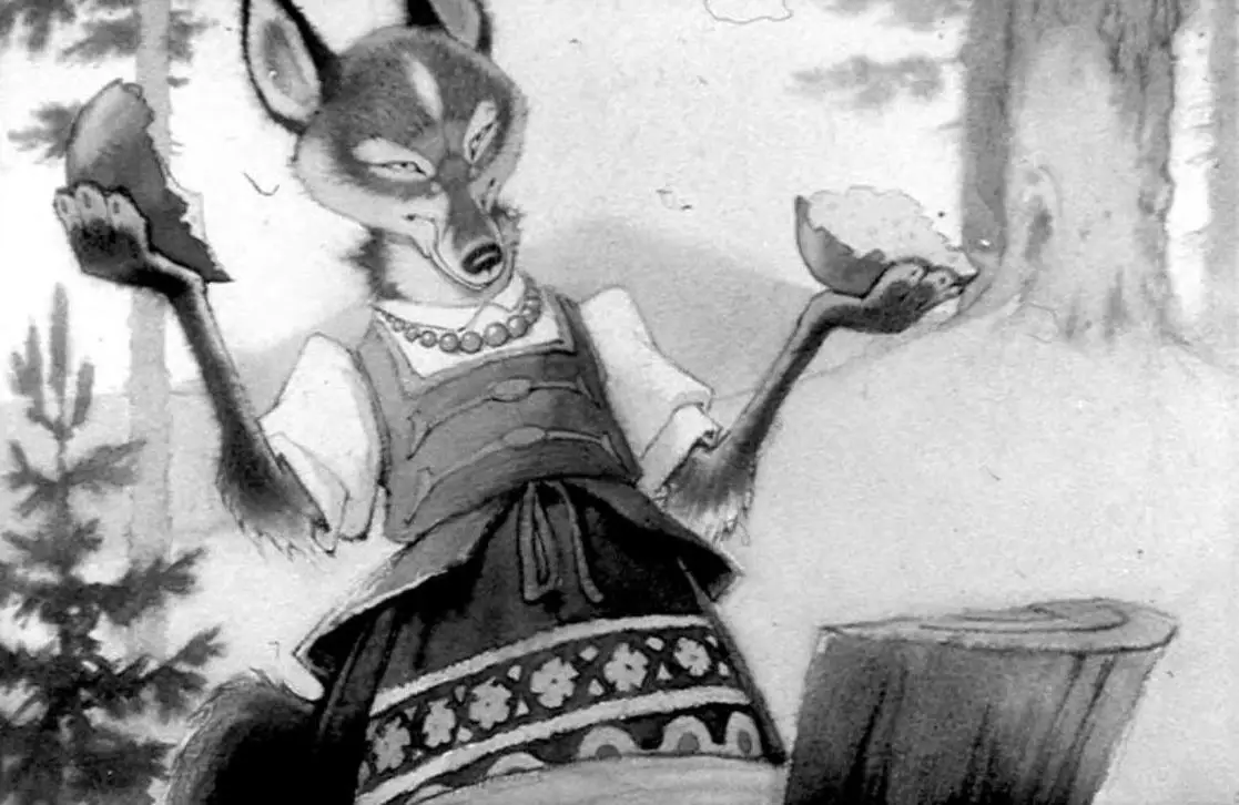 Ilustrație în alb și negru cu o vulpe purtând o rochie tradițională, care ține în mâini două feluri de mâncare.