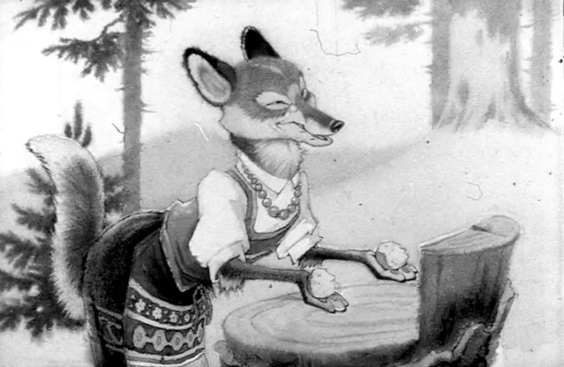 Ilustrație în alb și negru cu un vulpe purtând o ținută tradițională, stând lângă un buștean și ținând ceva în mâini.
