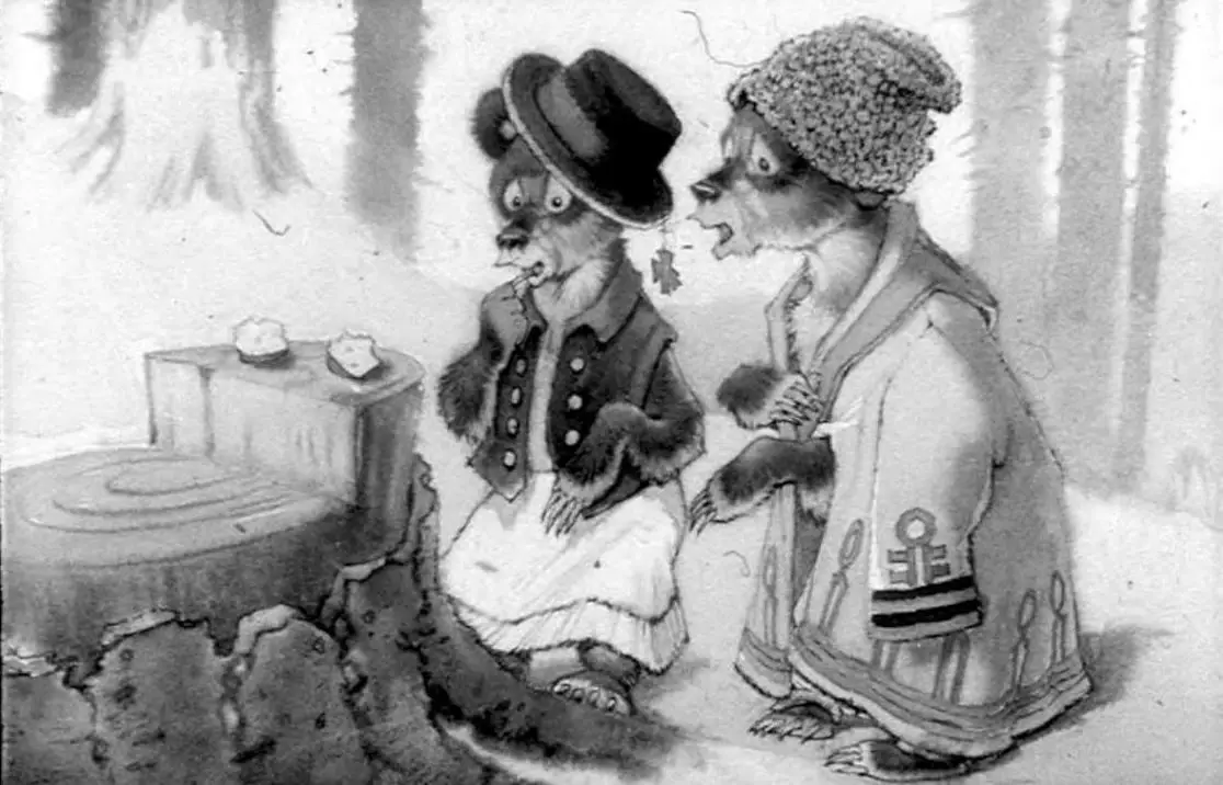 Ilustrație animată cu doi urși îmbrăcați în haine tradiționale, surprinși în fața unei mese de lemn.