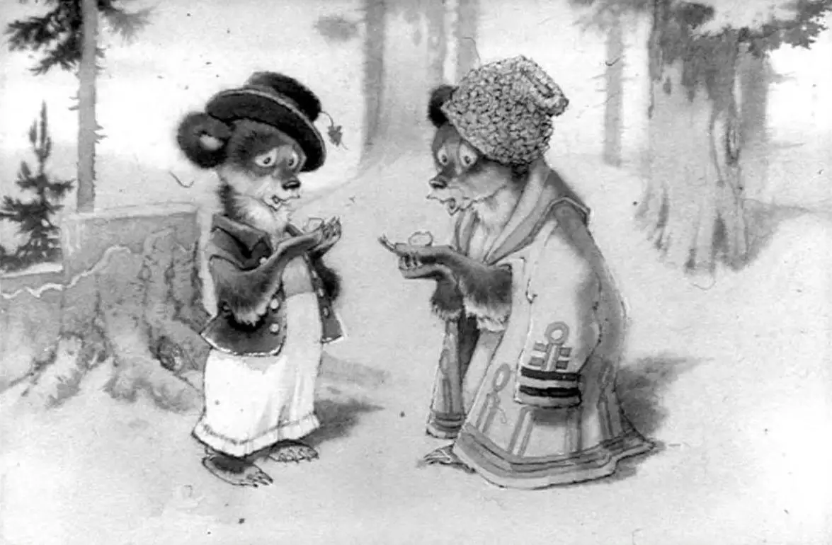 Ilustrație în alb și negru cu doi urși antropomorfi, unul îmbrăcat elegant și celălalt în haine de zi, interacționând într-o pădure.