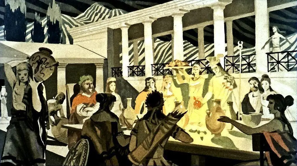 O scenă artistică care ilustrează un banchet antic, cu persoane așezate la o masă lungă, ornamente stilizate și arhitectură clasică în fundal.