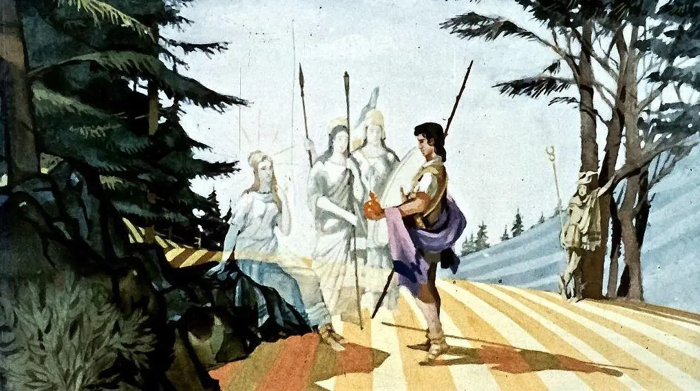 O ilustrație care prezintă un bărbat îmbrăcat în tunică purtând o spear, interacționând cu trei figuri feminine transparent, în timp ce alte personaje se află în fondo, înconjurate de copaci.
