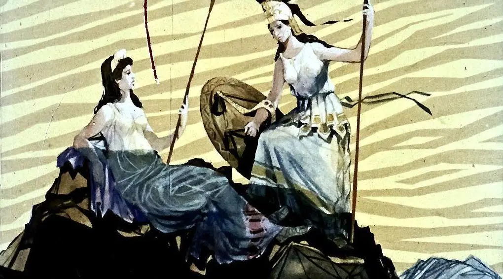 Imagine artistică cu două figuri feminine, una așezată și cealaltă în picioare, pe un fundal abstract cu linii ondulate.