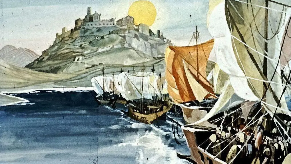 O pictură care prezintă o scenă marină, cu bărci cu vele navigând pe un râu, iar în fundal se află un peisaj montan cu o cetate pe vârf.