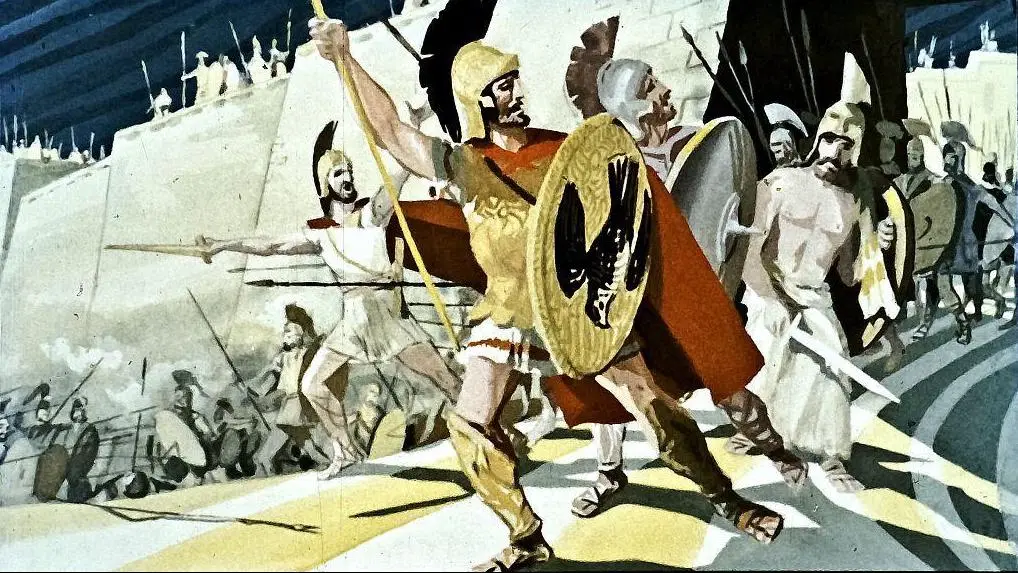 O scenă artistică ce ilustrează soldați antici în luptă, purtând armuri și scuturi, cu un peisaj de fundal ce sugerează o bătălie.