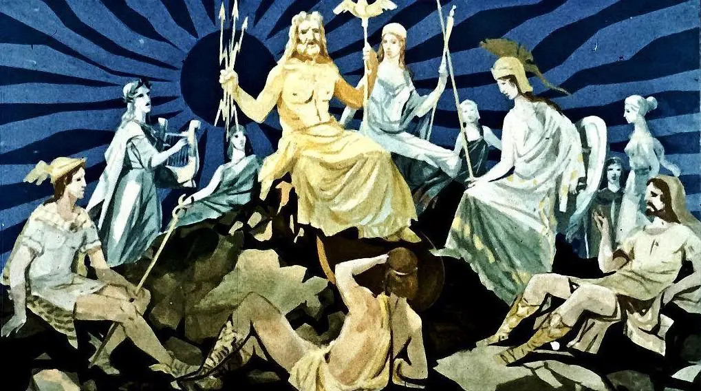 Imagine artistică reprezentând o scenă mitologică cu zei și zeițe, într-un fundal cu raze de soare.