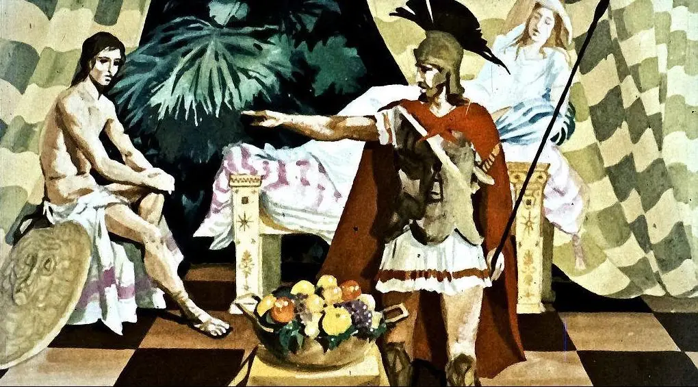 O scenă picturală care înfățișează un soldat roman îmbrăcat, stând în fața unei persoane goale, iar o alta este așezată pe un pat. Un coș cu fructe este prezent în prim-plan.
