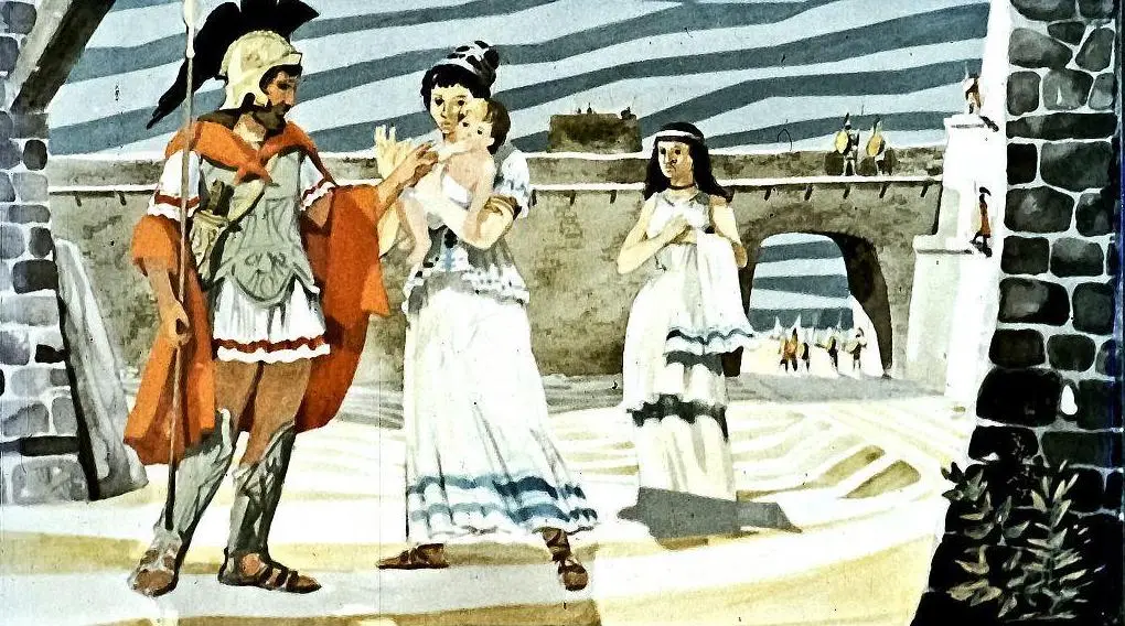 Ilustrație reprezentând un soldat roman interacționând cu o femeie și un copil, în fundal având o scenă de oraș antică.
