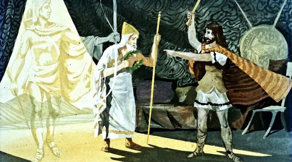 O pictură artistică care ilustrează o scenă mitologică cu personaje îmbrăcate în costume de epocă, ridicându-se în fața luminii și a umbrilor, într-un decor care sugerează o atmosferă dramatică.
