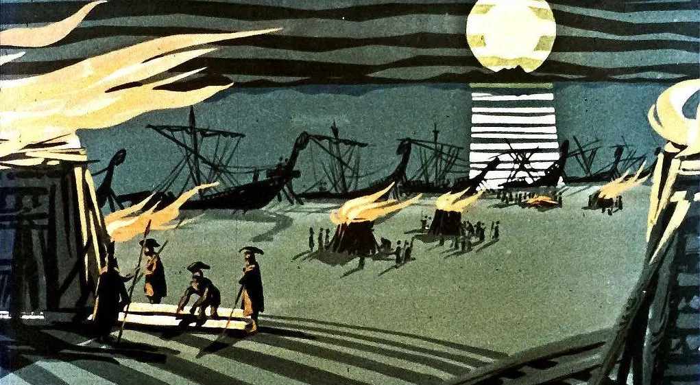 Ilustrație cu nave și oameni în jurul focurilor pe o plajă, iluminată de o lună plină.