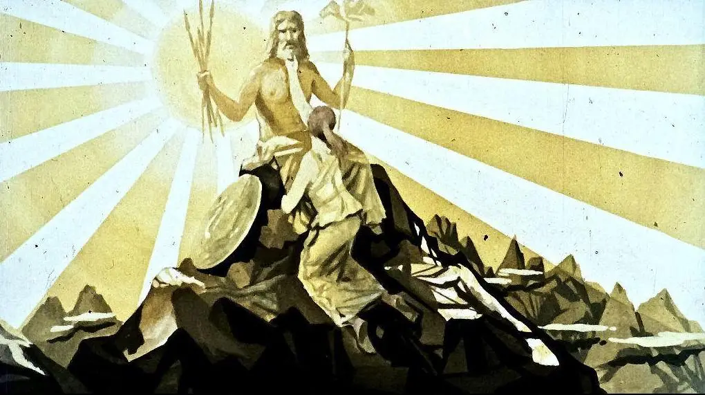 Imagine artistică cu o figură semnificativă care se află pe un vârf de munte, având raze de soare care strălucesc în fundal.