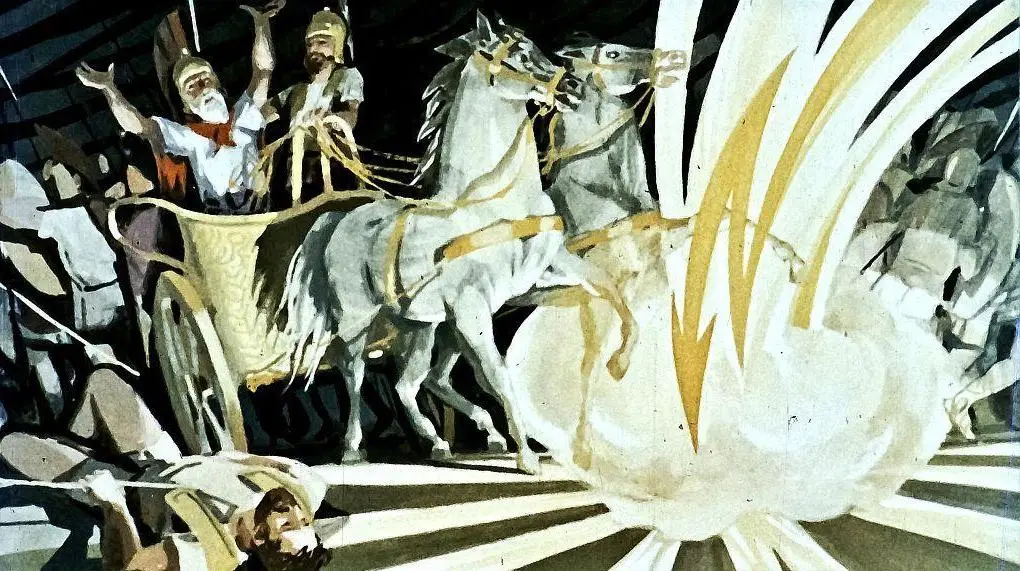 O scenă dintr-o lucrare artistică care prezintă o caruță trasă de cai, cu oameni îmbrăcați în costume din antichitate, într-un context dramatic, cu o explozie în fundal.