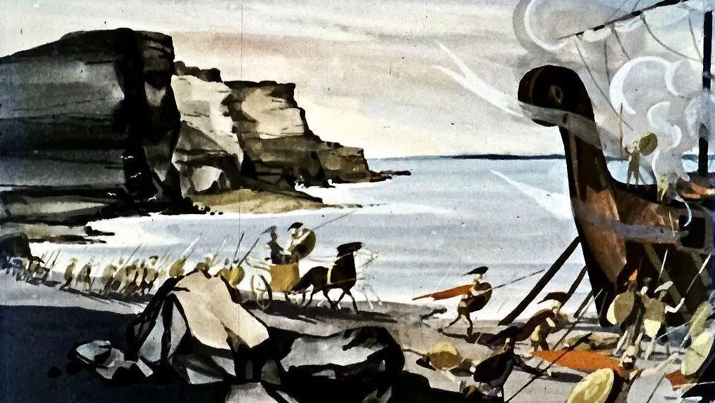 O ilustrație artistică care arată o scenă de luptă pe țărm, cu soldați și o navă mare, pe fundalul unui peisaj stâncos și liniștit.