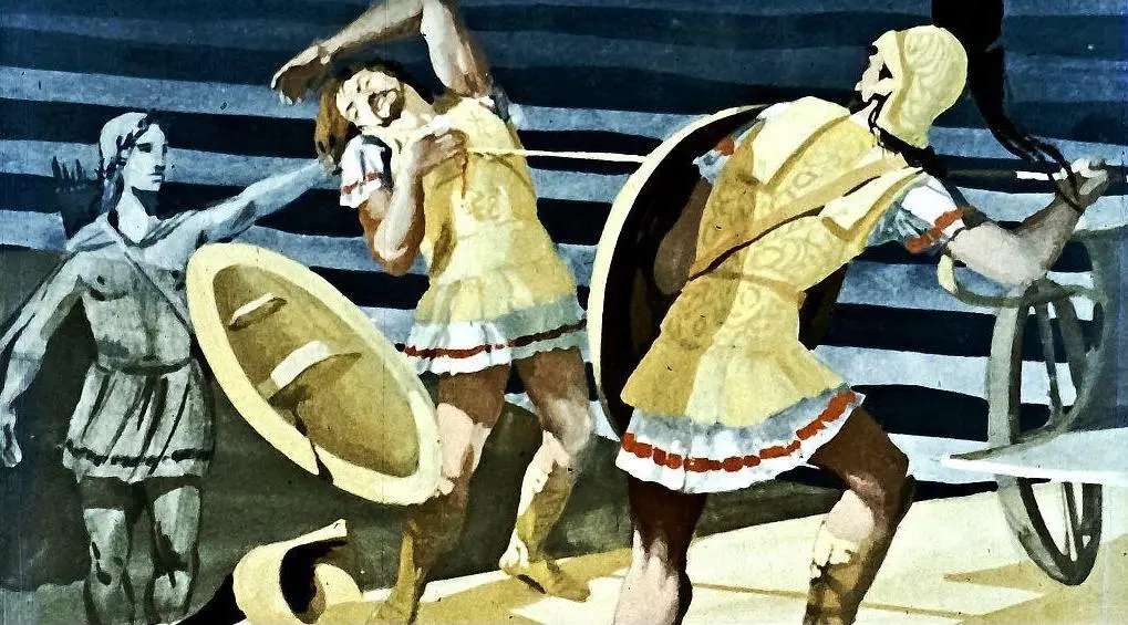 Ilustrație artistică care prezintă luptători antici în timpul unei bătălii.