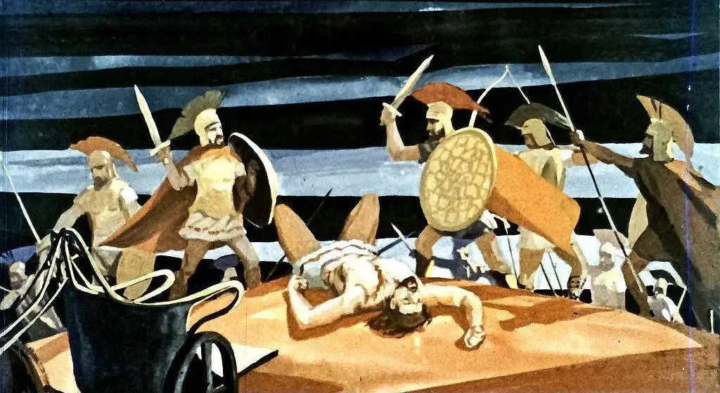 Ilustrație colorată cu soldați antici în luptă, un soldat căzând pe o masă, cu scuturi și săbii în mâinile lor.