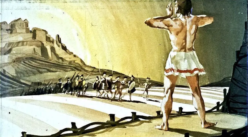 O ilustrație artistică care reprezintă o scenă mitologică, cu un bărbat în față, în costume stilizate, privind un grup de soldați care se apropie, pe un peisaj de fundal cu coline și un soare în apus.