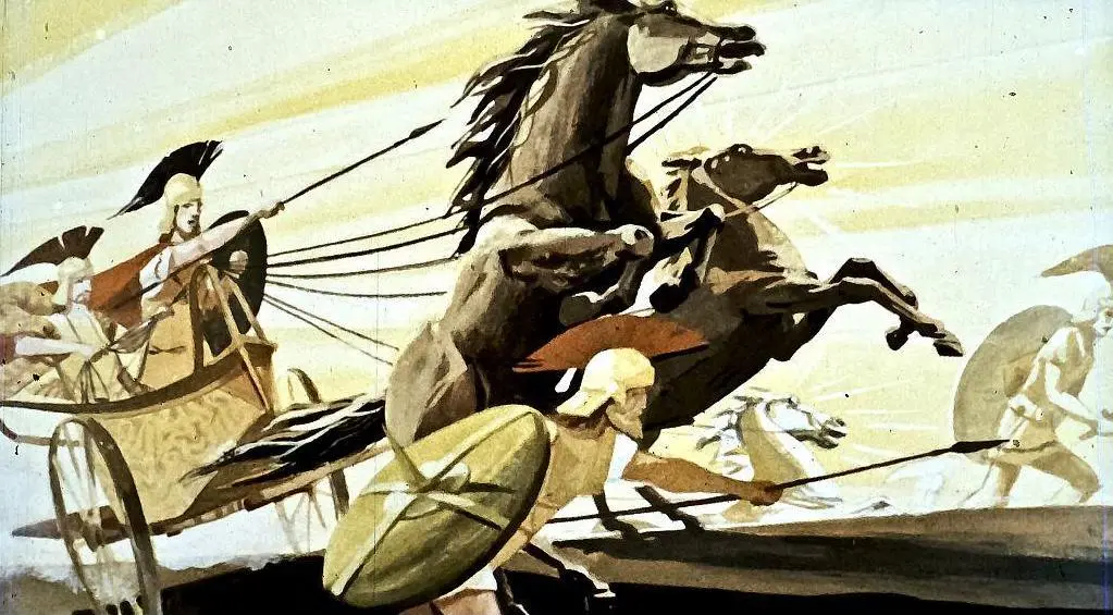 Ilustrație cu războinici antic și cai în acțiune, reprezentând un conflict.