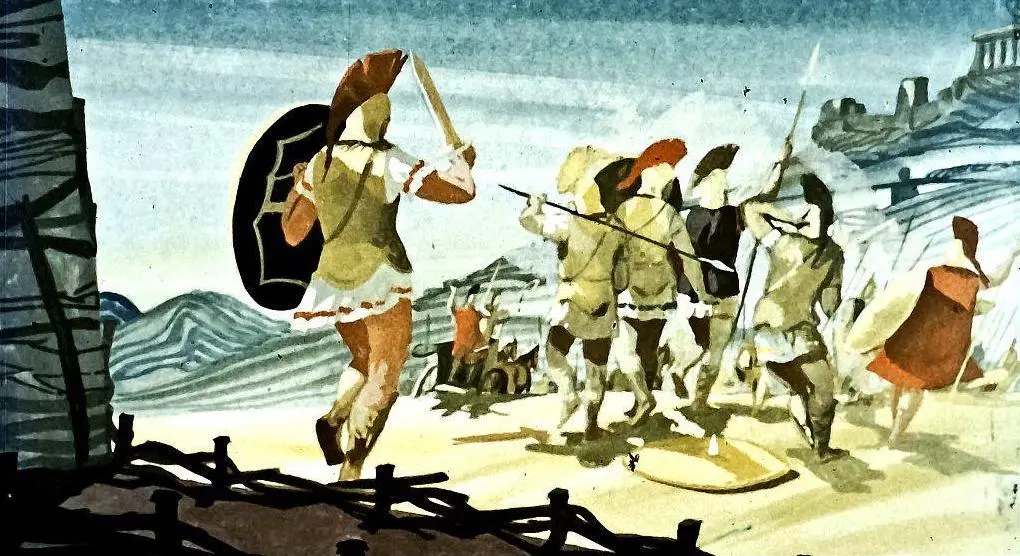 Ilustrație artistică cu soldați antici avansând, purtând scuturi și sulițe, pe un peisaj de fundal cu coline și ruine.