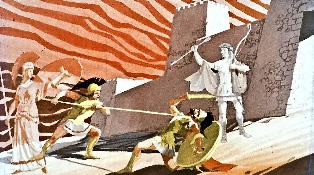 Ilustrație artistică cu războinici în luptă, un soldat atacând un altul, alături de figuri simbolice și un zid în fundal.