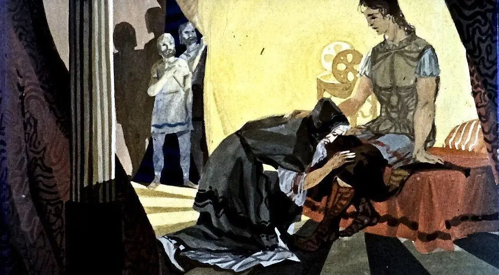 Ilustrație artistică reprezentând o scenă dramatică cu personaje într-un context istoric.