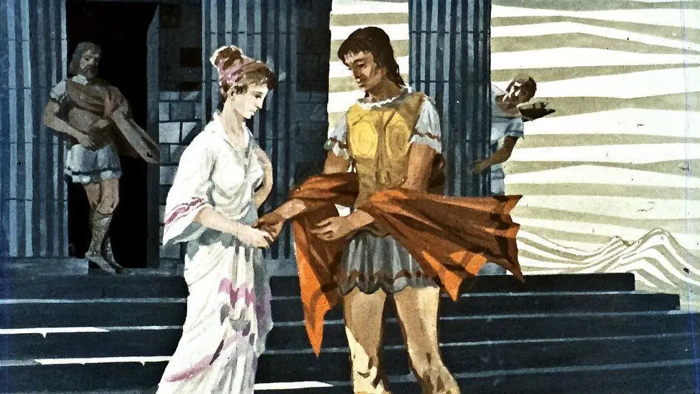 O scenă dintr-o ilustrație istorică, cu personaje îmbrăcate în costume antice, într-un decor care sugerează o arhitectură clasică.