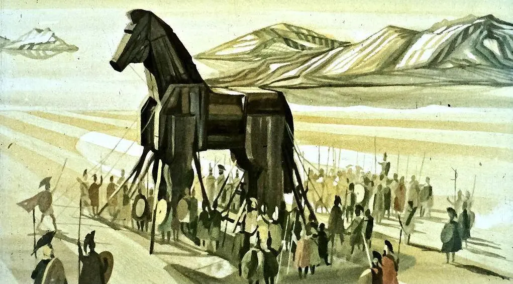 O ilustrație artistică reprezentând un cal din lemn, simbolizând legendara poveste a Calului Troian, cu soldați și oameni în jurul lui, într-un peisaj montan.