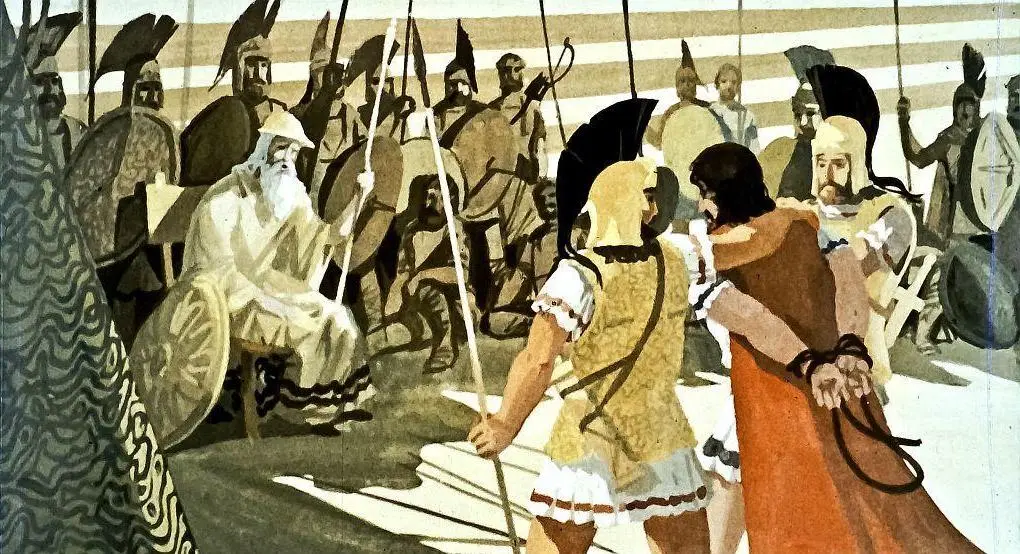O scenă artistică care ilustrează o adunare de războinici greci, cu doi bărbați legati la mâini în prim-plan și un bărbat în vârstă pe un tron în fundal, înconjurați de soldați echipați cu pălării și scuturi.
