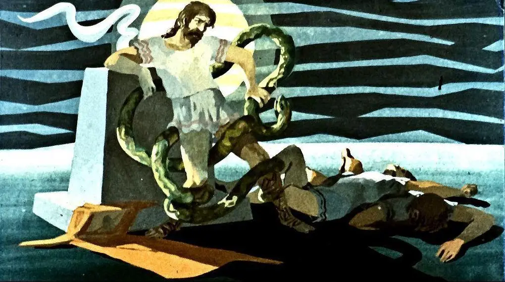 Ilustrație artistică cu o figură mitologică în picioare, înconjurată de șerpi, stand lângă o statuie și o scenă de bătălie.
