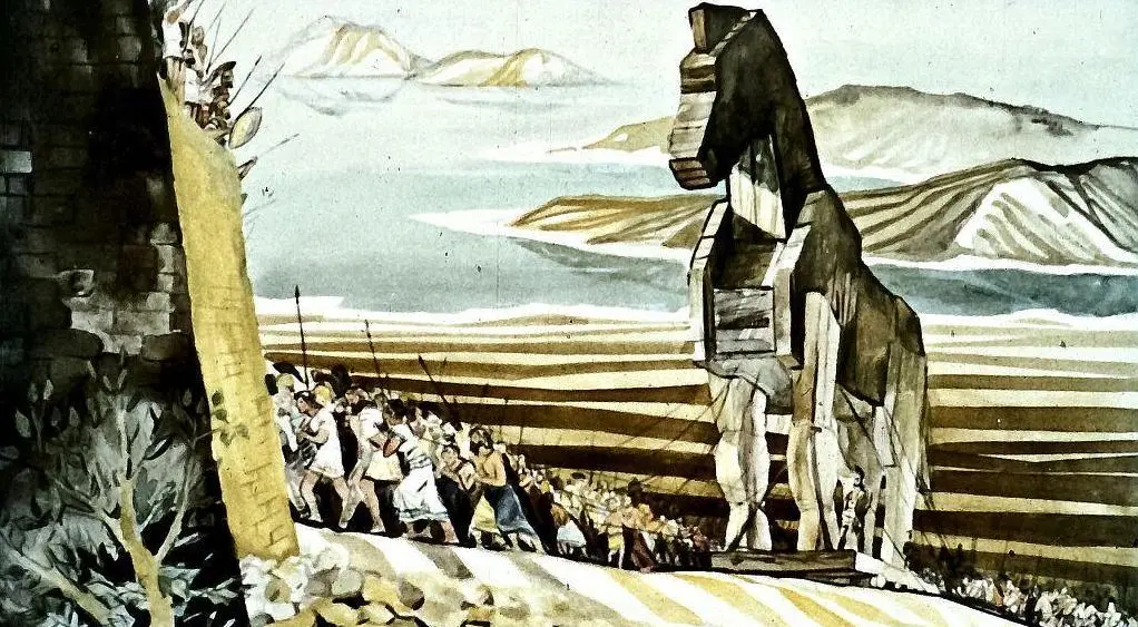 O pictură care ilustrează scena mitului calului troian, cu un cal mare de lemn în fața unui zid, iar grupuri de oameni se apropie de acesta.