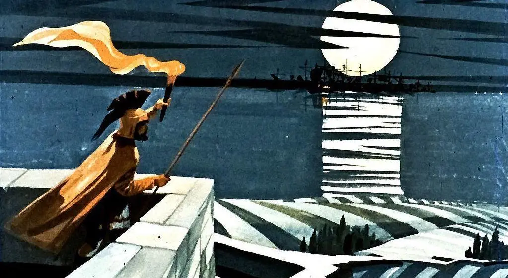 Imagine ilustrativă cu un războinic stând pe un zid, privind spre lună, în timp ce flutură o steag.
