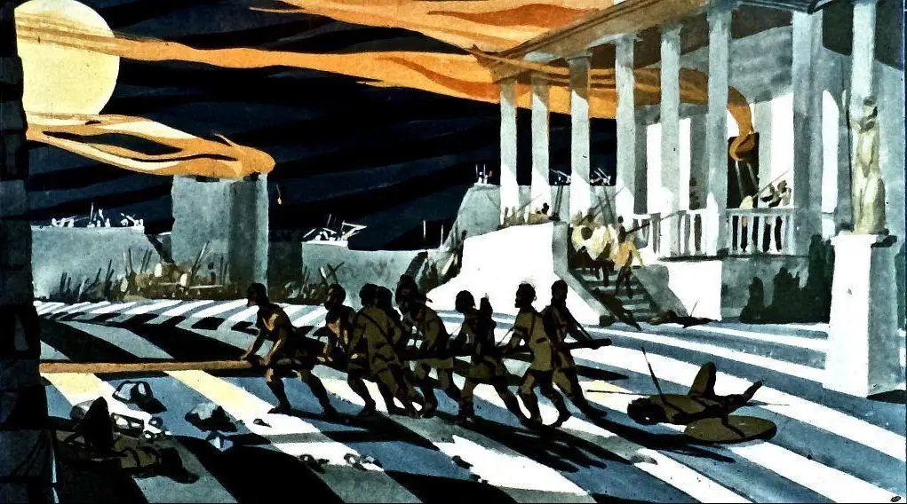 Ilustrație artistică cu soldați într-un peisaj dramatic, cu un cer întunecat și o lună strălucitoare.