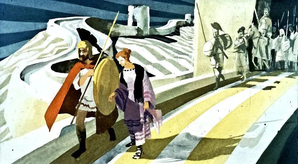 Ilustrare cu un războinic și o femeie pe un drum, însoțiți de soldați în fundal.
