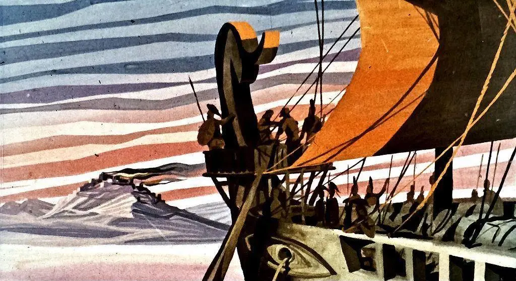 Ilustrație artistică a unei nave cu pânze, navigând pe ape colorate, cu un grup de oameni pe punte.