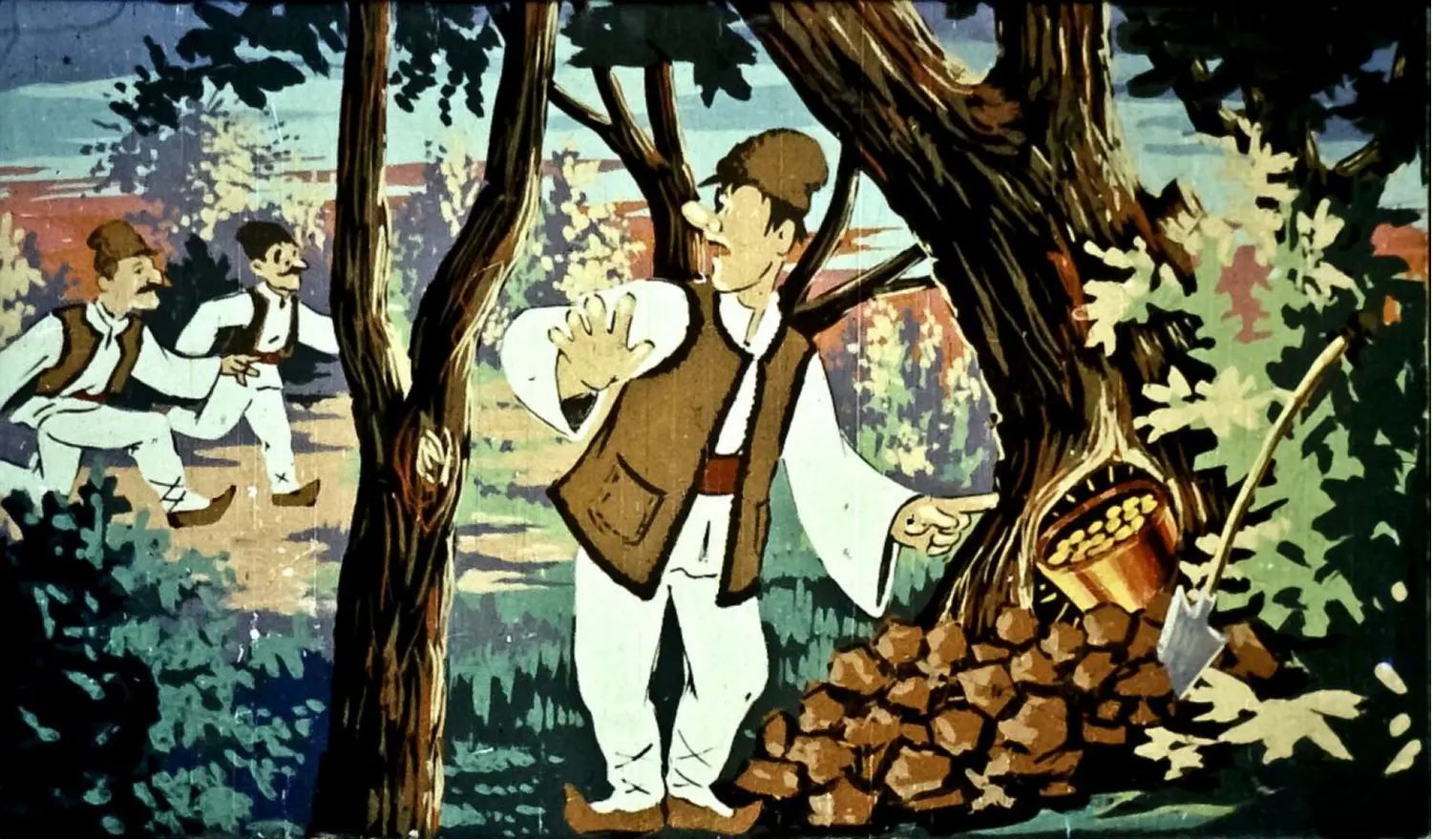 O scena cu Pacala care vede o galeata cu bani de aur intr-o scorbura