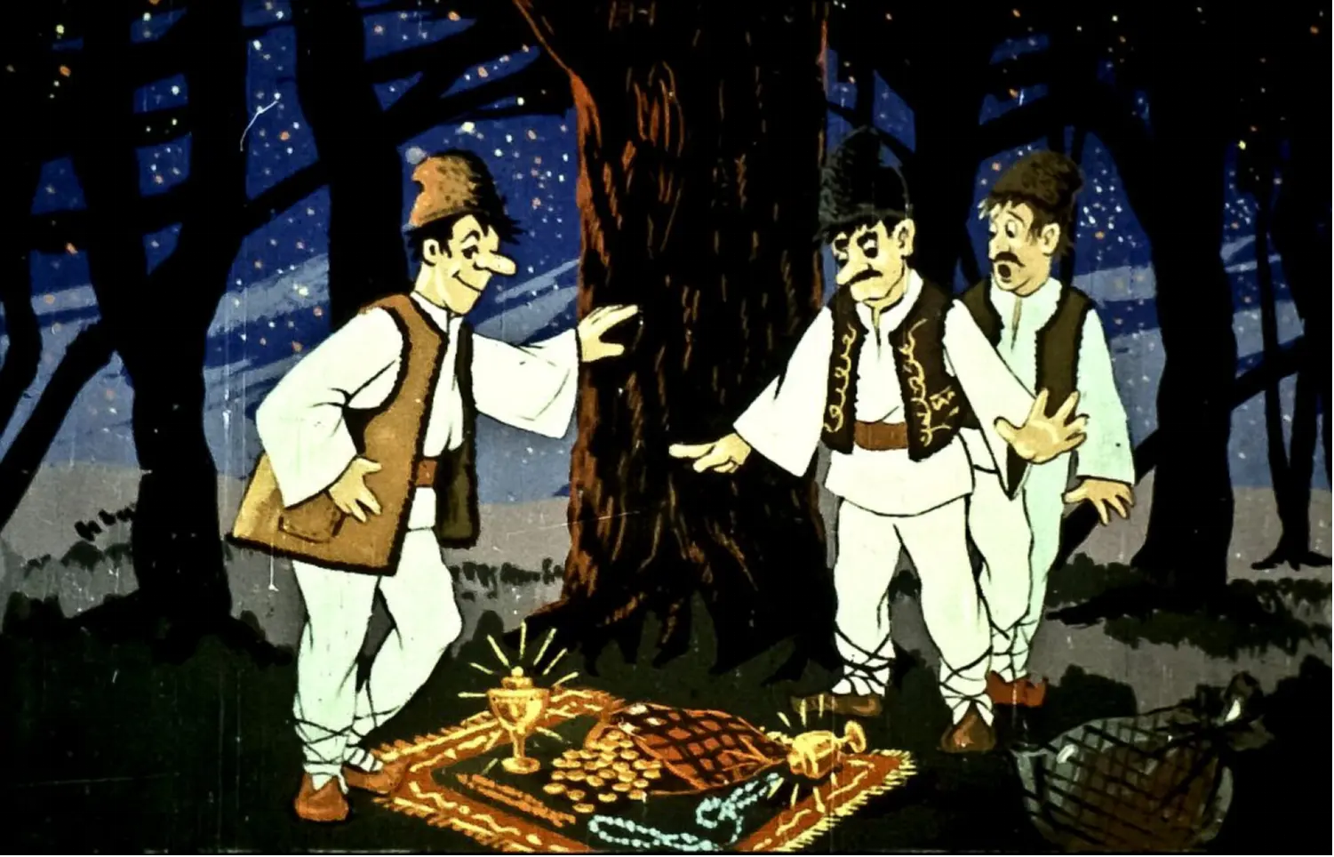 Pacala si fratii sai privesc comori pe o patura in padure