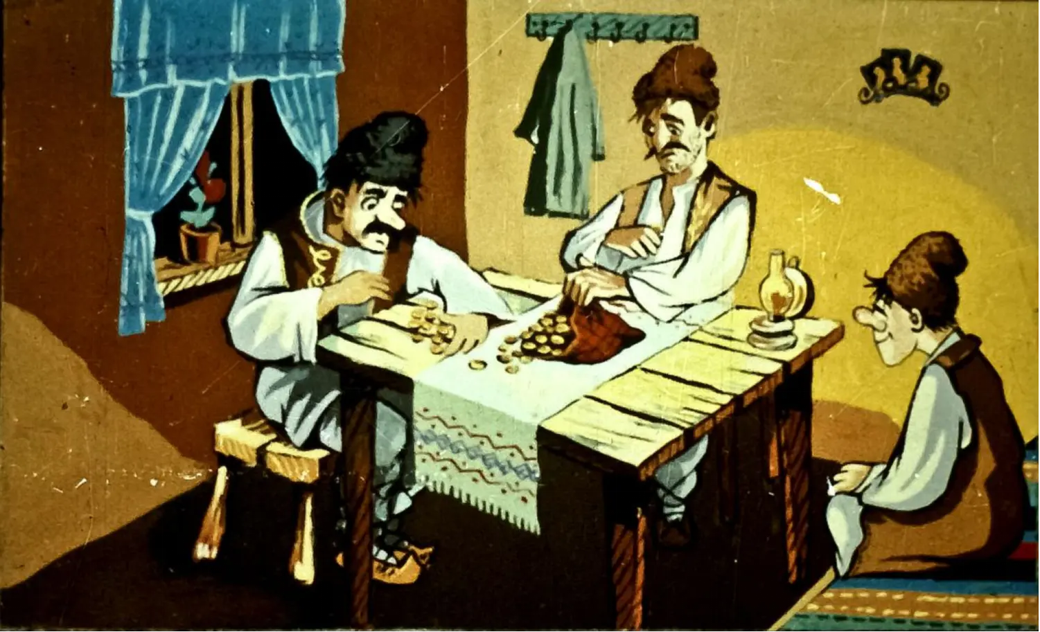 Trei barbati imparting noaptea bani
