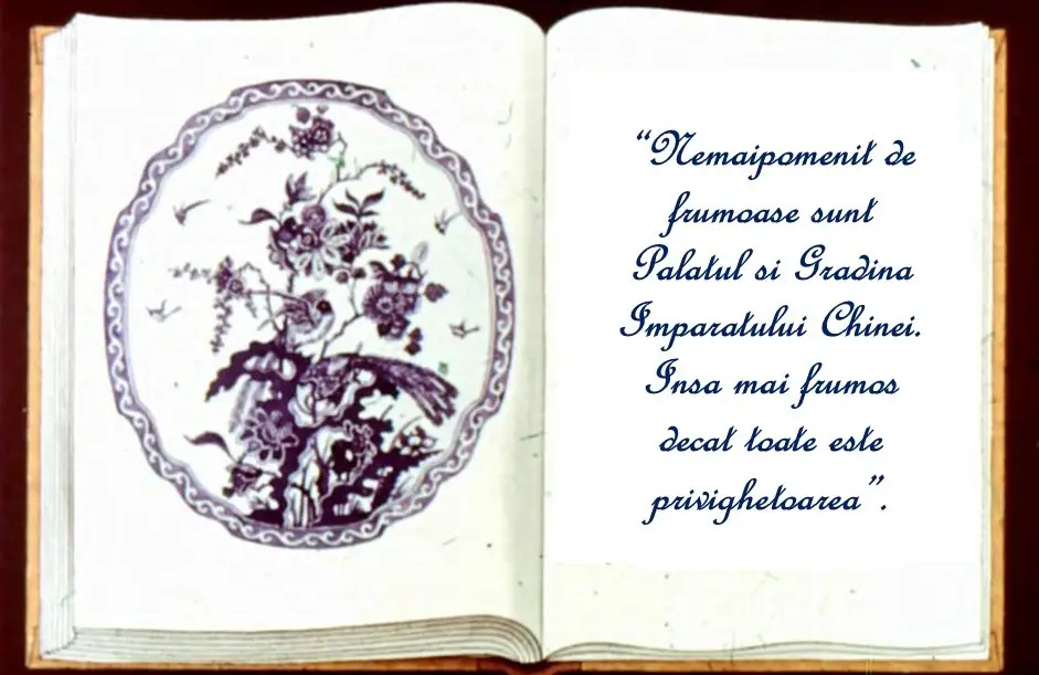 O carte deschisa cu un citat despre frumusețea grădinii împăratului Chinei.