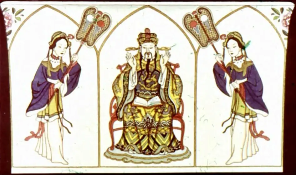 Ilustrație cu un împărat chinez și două personaje feminine, cu un text care descrie bucuria împăratului pentru că a citit despre palatul și grădina sa, dar care nu știe despre privighetoare.
