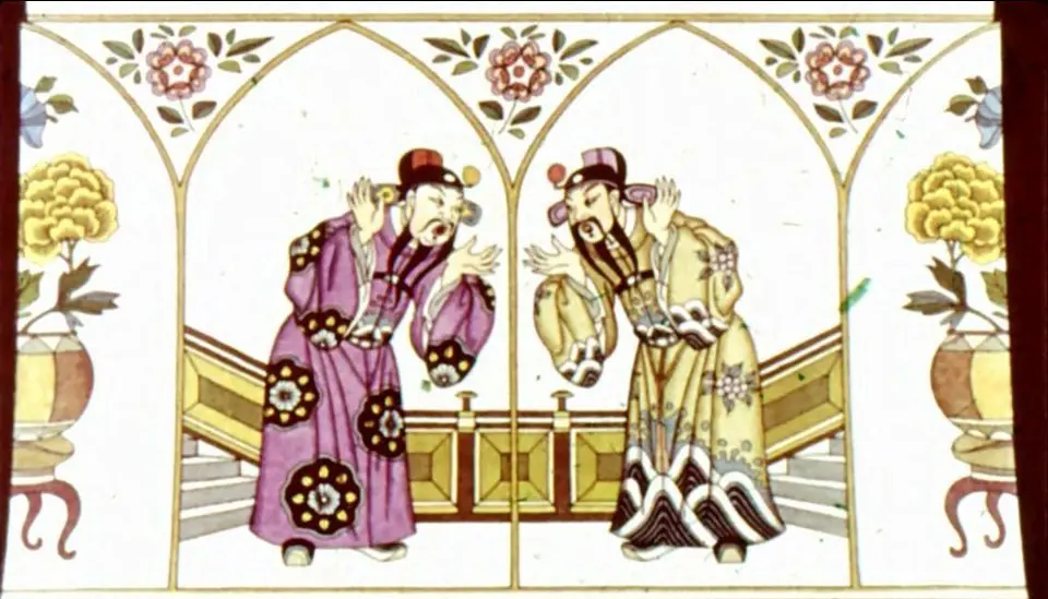 Ilustrație cu doi personaje tradiționale, îmbrăcate elegant, care discută îngrijorați în fața unei arhitecturi ornamentale.