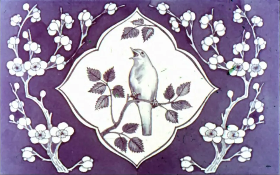 Un desen decorativ cu o pasare si flori, avand text descriind o intrebare a privighetorii.