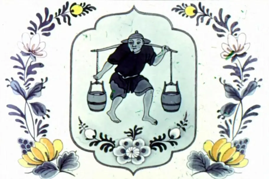 Ilustrație artistică cu un grădinar care poartă găleți, înconjurat de flori, cu text care descrie dimensiunea extraordinară a grădinii.