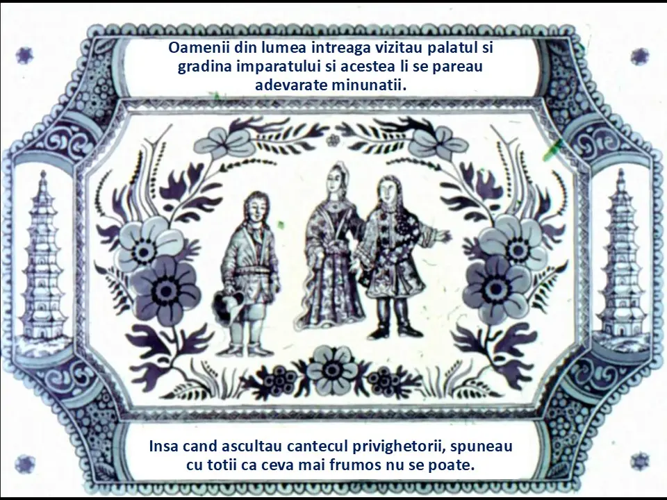 Imagine decorativă cu trei figuri istorice, alături de text referitor la vizitarea palatului și grădinii unui împărat, menționând frumusețea unui cântec.
