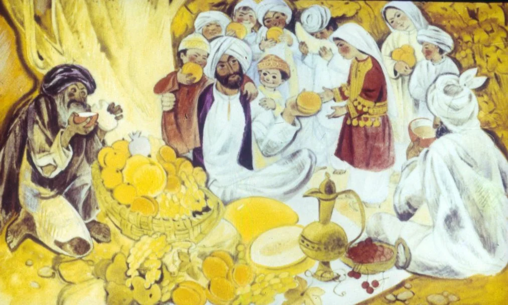 O scena pictata manual cu mai multe familii arabe care participa la un ospat.