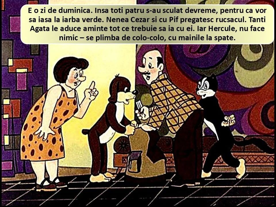 A patru personaje într-o cameră, discutând despre planuri pentru o excursie de duminică.