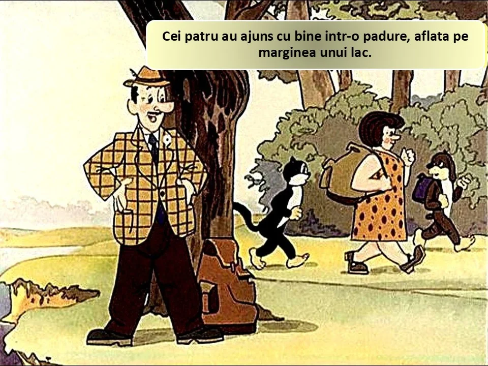 Imagine ilustrativă cu patru personaje care se bucură de natură într-o pădure.