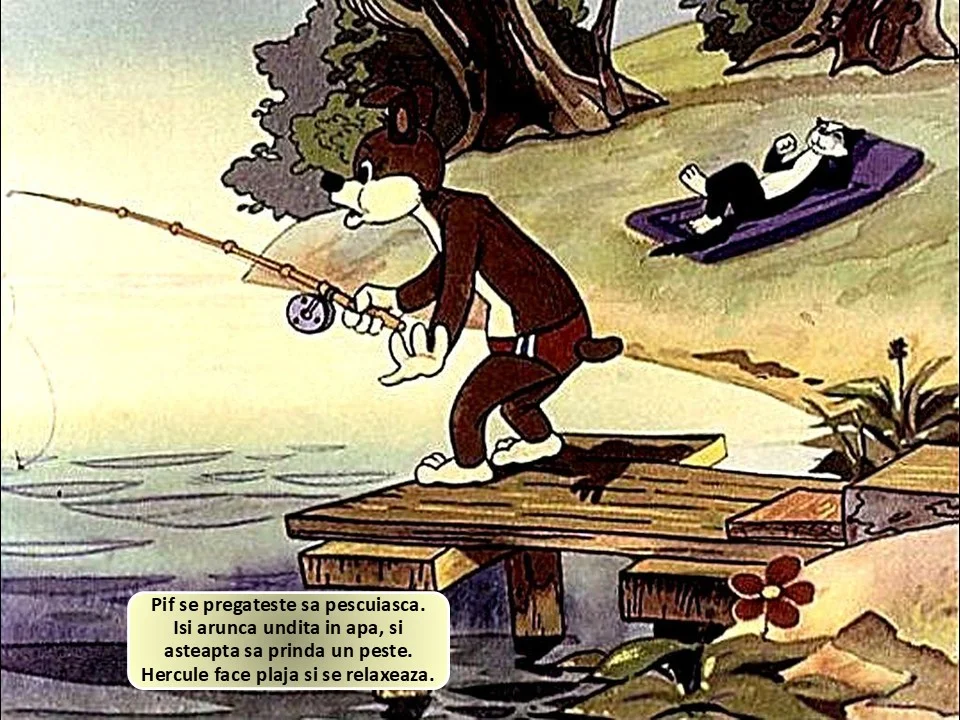 Imagine ilustrativă cu un personaj care pescuiește de pe o punte, în timp ce alt personaj se relaxează pe o plajă.