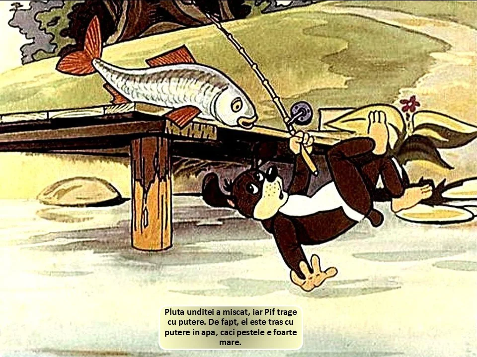 Ilustrație animată cu un câine care pescuiește, iar un pește mare trage cu putere de undiță.